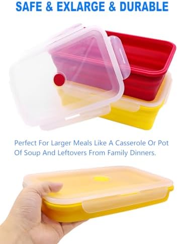 Extra Large Collapsible Silicone Food Storage Containers With Lids, 82.8oz, 2 Pack, XXL Foldable Bento Lunch Box, Rv Collapsible Bowls, Big Meal Boxes for Kitchen, Camping (Red and Yellow)