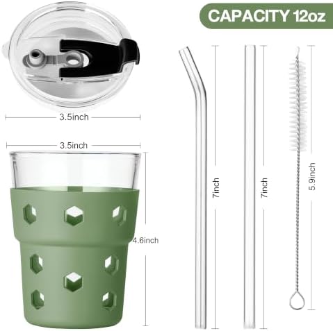 Mrsdry 12oz Iced Coffee Cup with Lids and Straws, BPA Free Reusable Glass Coffee Cups with Silicone Sleeves for Coffee, Iced tea, Thick Wall Glass Cup