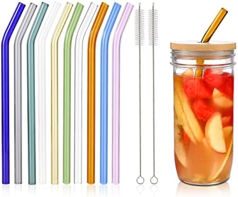 10 Pcs Reusable Bent Glass Drinking Straws,9''x10 mm Colorful Glass Straws