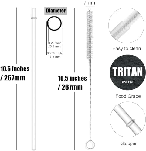 ALINK 10.5 inch Tritan Hard Plastic Clear Straws, Long Reusable Clear Replacement Tumbler Drinking Straws for 16 oz 20 oz 30 oz Stanley, YETI, Starbucks, Mason Jars, Set of 10 with Brush