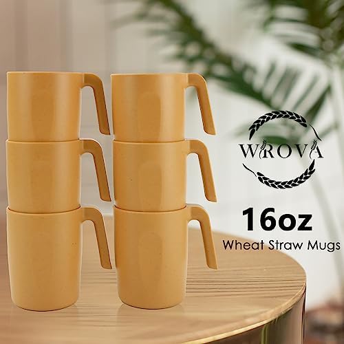 Wrova 16oz Wheat Straw Cups with handles set of 6-Plastic Cups Reusable-Unbreakable Kids Mugs-Dishwasher Safe & Microwave Safe-Ideal Mugs for Tea,Coffee,Camping,RV-Banana Yellow