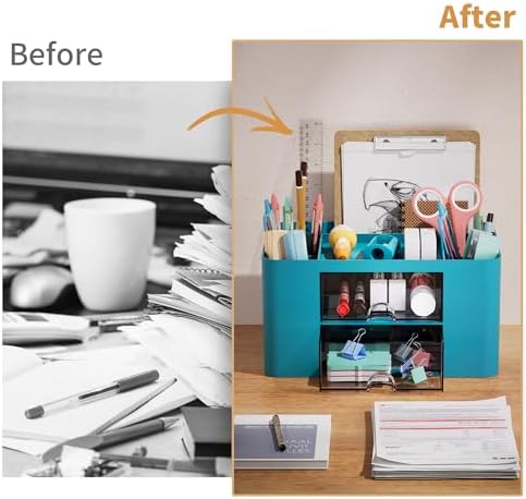 Marbrasse Pen Organizer with 2 Drawer, Multi-Functional Pencil Holder for Desk, Desk Organizers and Accessories with 5 Compartments + Drawer for Office Art Supplies (Dark Green)