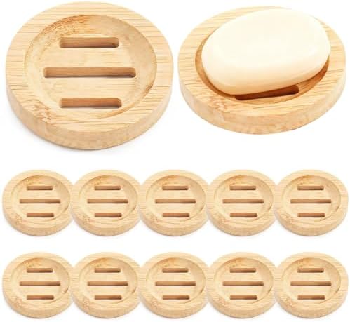 12 Pcs Round Wooden Soap Dishes, Wooden Soap Holders with Ventilation Holes, Soap Trays for Bars, Natural Color, Ideal for Bathroom and Kitchen Use