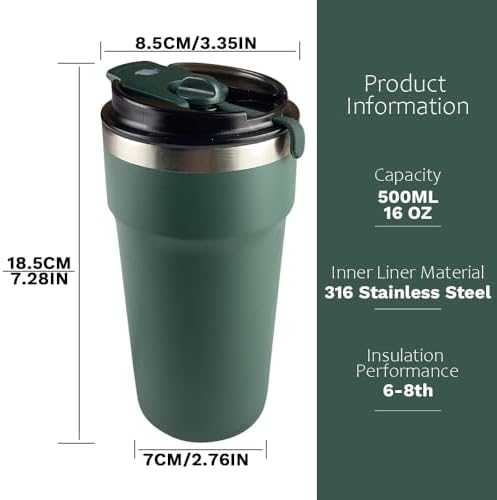 SPLMIFA Travel Coffee Mugs Leak-Proof, Reusable Coffee Cups with Lids, Stainless Steel Vacuum Insulated Coffee Tumblers, Thermal Insulation Cups for Men and Women Hot & Cold Drinks(4th-Green, 16OZ)