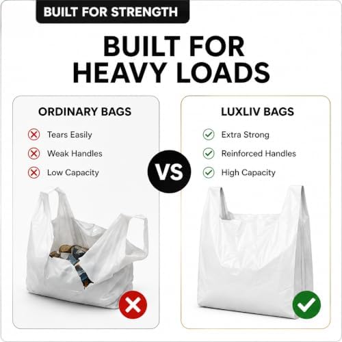 Reusable Heavy Duty White Plastic Shopping Bags with Handles, T-Shirt Grocery Carrier Bags, 12 x 18 x 24 Inch, HDPE Retail, Convenience Store & Takeout Bags, 100 Pack