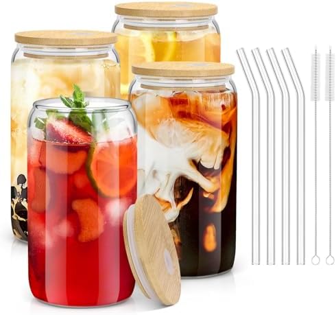 Glass Cups with Lids and Straws - 16 oz Glass Drinking Cups Set for Coffee