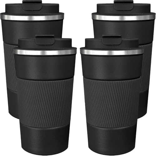 4 Pack Insulated Coffee Mug with Lid 17oz Travel Coffee Tumbler Stainless Steel Reusable Coffee Cups Thermal Coffee Mug for Hot and Iced Cold Drinks, Black