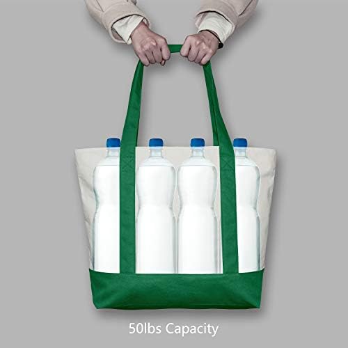 TOPDesign 3-Pack Canvas Tote Bags with an External Pocket, Reusable Grocery Shopping Bags, Top Zipper Closure, Daily Essentials (Green/Natural)