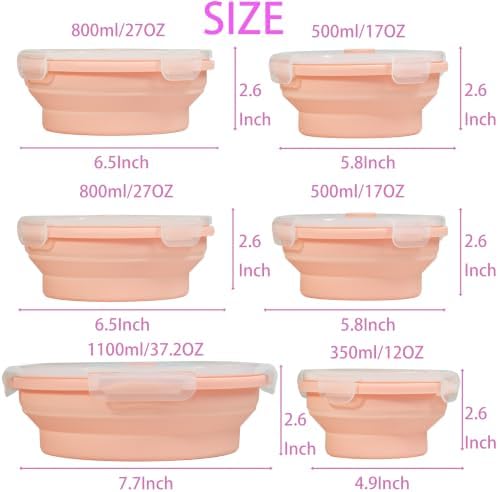 Plus 6PCS Foldable Silicone Food Storage Containers for Kitchen Storage for Leftovers Fruits and Meal Prep Dishwasher Safe Microwave Safe Ideal for Home and Travel (Pink, round)