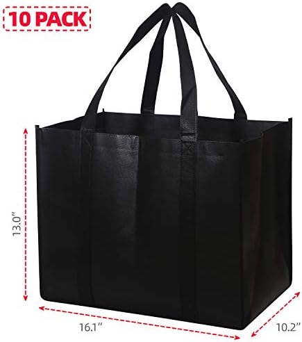 DIOMMELL Set of 10 Reusable Grocery Bags Extra Large Foldable Heavy Duty Shopping Tote Produce Bag with Reinforced Handles, Black