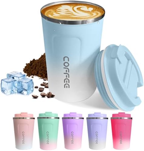 SPLMIFA Travel Coffee Mugs Leak-Proof, Reusable Coffee Cups with Lids, Stainless Steel Vacuum Insulated Coffee Tumblers, Thermal Insulation Cup for Men & Women Hot & Cold Drinks(2nd-Blue White, 12OZ)