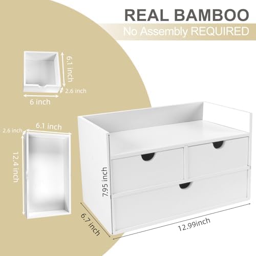 Charmewooden Bamboo Desk Organizer with 3 Drawers, Countertop Organizer with Drawers Makeup Storage Drawer 3 Drawer Tabletop Storage Organization Box Home Office Workspace（White）