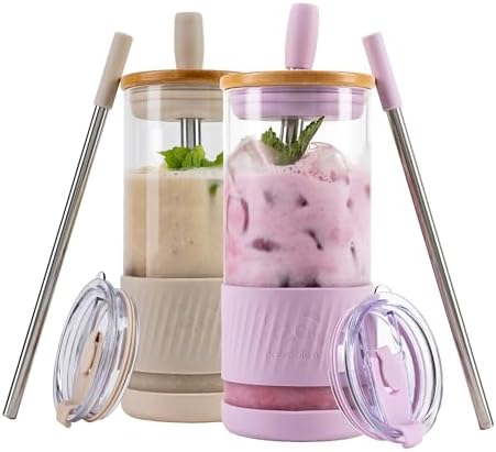 Pandaloo® Glass Cups With Lids and Straws -20 Fl Oz- Perfect Size Iced Coffee Cup - Smoothie Cup With Bamboo Lid and On the go Lid - Glass Tumbler (2 Count (Pack of 1), Lilac-Creamy Mushroom)
