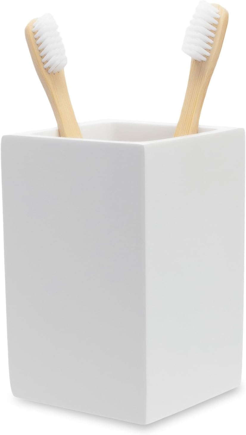 Matte White Toothbrush and Toothpaste Holder for Bathroom Vanity and Countertop, Square Organizer for Electric Toothbrushes, Floss, Razors, Cotton, and Mouthwash