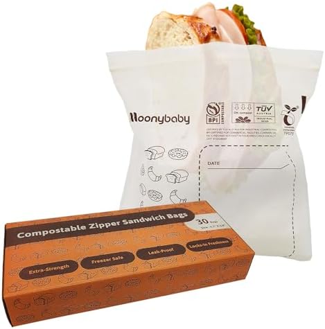 Moonybaby Compostable Sandwich Size Food Storage Bags (30 Count), Organic Food Storage Container with Food-Safe Zip Seal, Freezer and Leak Proof
