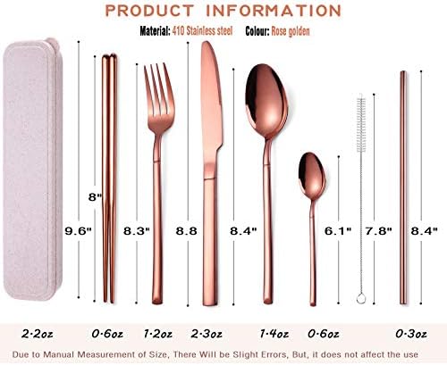 AARAINBOW 7 Pieces Stainless Steel Flatware Set Portable Reusable Cutlery Set Travel Utensils Set Including Chopsticks Knife Fork Spoon Straws Cleaning Brush Dishwasher Safe (Rose golden)