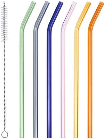 Reusable Glass Straws - 9" L x 8 mm W - Smoothie Drinking Straws for Smoothie, Milkshakes, Pack of 6 with 1 Cleaning Brush (mix1)