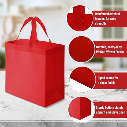 Reginary 50 Pcs Reusable Tote Bags Shopping Bags Non Woven, Red, Green