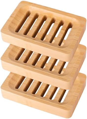Bamboo Soap Dish Self-Draining Non-Slip Soap Saver - Wooden Trays for Bar Soap - Kitchen, Shower, Bathroom - 3 Pack