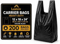Heavy Duty Black Plastic Shopping Bags with Handles, T-Shirt Grocery Carrier, 12 x 18 x 24 Inch, HDPE for Retail, Convenience Stores and Takeout, 200 Count