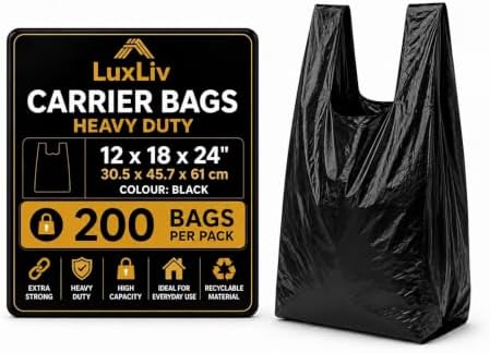 Heavy Duty Black Plastic Shopping Bags with Handles, T-Shirt Grocery Carrier, 12 x 18 x 24 Inch, HDPE for Retail, Convenience Stores and Takeout, 200 Count