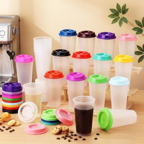 Honeydak 45 Pack 16 oz Reusable Coffee Cups with Lids Water Bottle Iced Coffee Travel Mug Portable Plastic Tea Tumblers Bulk for Hot and Cold Drinks Birthdays Party (Clear with Colors Lid,Classic)