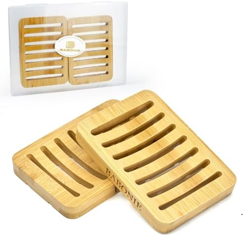 Bar Soap Holder, 2 Pack Self Draining Bamboo Sponge Holder - Curved Surface Slotted Soap Dish for Shower, Bathroom, Bathtub, Sink, RV, Packed in A Case(Bamboo Style)