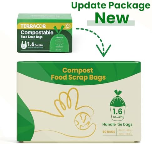 1.6 Gallon Compostable Food Scrap Bags Handle Tie for Kitchen Countertop Bin, 6 Liter Small Compost Bags, 50 Count, BPI Certified and Meet The ASTM D6400 Standard