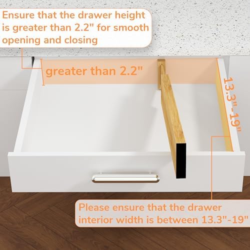 BAMEOS Bamboo Expandable Drawer Dividers – Fits 13.3"–19" Drawers, 2" High, Set of 4 | Spring-Loaded Bamboo Separator for Kitchen Island, Bathroom Vanity & Dresser Drawers