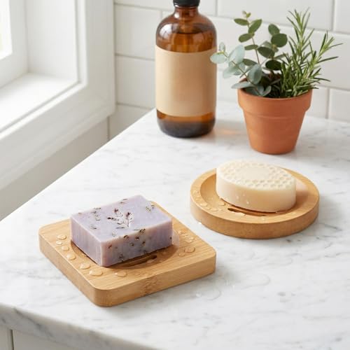 2 Pcs Bamboo Soap Dish Holders, Shower Steamer Holder, Round Natural Wooden Soap Trays, Rustic Bathroom Accessories for Kitchen Bathroom Accessories(Round and Square)