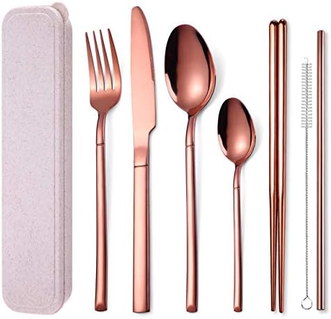 AARAINBOW 7 Pieces Stainless Steel Flatware Set Portable Reusable Cutlery Set Travel Utensils Set Including Chopsticks Knife Fork Spoon Straws Cleaning Brush Dishwasher Safe (Rose golden)