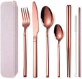 AARAINBOW 7 Pieces Stainless Steel Flatware Set Portable Reusable Cutlery Set Travel Utensils Set Including Chopsticks Knife Fork Spoon Straws Cleaning Brush Dishwasher Safe (Rose golden)