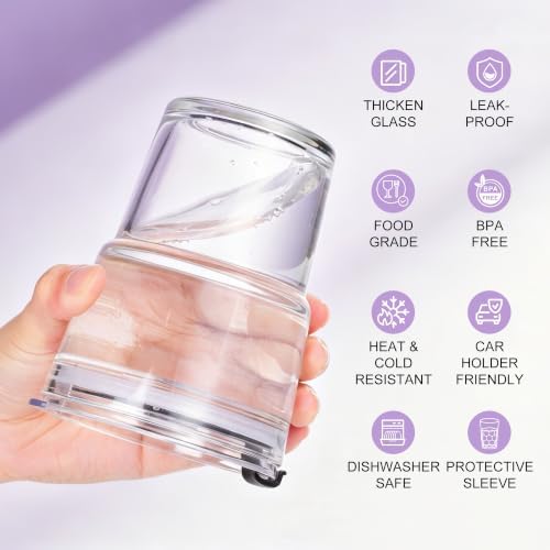 Mrsdry 12oz Iced Coffee Cup with Lids and Straws, BPA Free Reusable Glass Coffee Cups with Silicone Sleeves for Coffee, Iced tea, Thick Wall Glass Cup