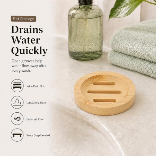 Bamboo Soap Dish for Bar Soap, Raised Wooden Holder with Drain Slots，Round Bamboo Soap Dish