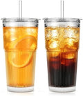 SoulTimes 20oz Wave Ribbed Glass Tumbler with Lid and Straw – Iced Coffee Glasses Cups for Smoothie, Matcha, Juice, Water etc. Leakproof and Reusable Glassware Drinking for Daily & Travel To Go [2Pcs]