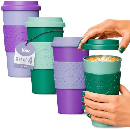 Copco Acadia 16oz Travel Mug, Set of 4 - Double Wall, Green & Purple