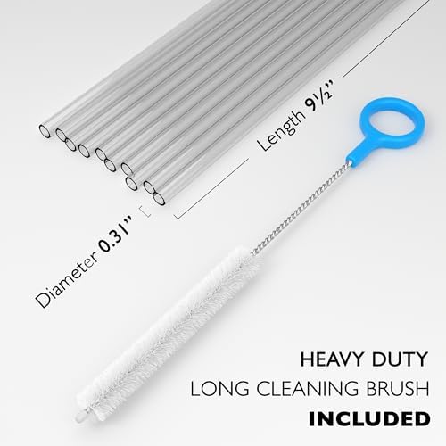 Fiesta First 10 Long Clear Straws - Hard Semi-transparent Plastic Reusable Drinking Straws + Sturdy Cleaning Brush - for Tumblers, Mason Jars, Milkshakes and Smoothies - Dishwasher Safe BPA Free