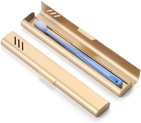 Travel Toothbrush Case, Portable Toothbrush Holder, Durable Aluminum Toothbrush Storage Box, Small Breathable Manual Toothbrush Container for Traveling, School, Camping, Business Trip - Gold
