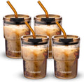 BLUEPOLAR 13oz/400ml Glass Water Tumbler with Straw and Lid Sealed Carry On Thick Wall Iced Coffee Cup Glass Cup for Water, Iced Tea Fruit Juice Etc (Amber-4Pack)