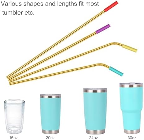 20 Pcs Gold Reusable Stainless Steel Straws,10.5" & 8.5" Reusable Drinking Straws with 20 Silicone Tips 5 Straw Brushes 1 Travel Case,Eco Friendly Extra Long Metal Straw for 20 24 30 oz Tumbler