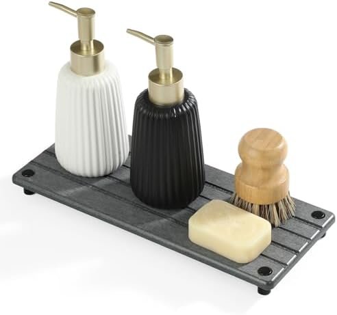 Razborci Instant Dry Sink Caddy Kitchen Sink Organizer, Quick Drying Stone Tray Diatomite Sponge Holder Soap Dish, Bathroom Countertop Fast Dry Water Absorbing Vanity Rack, Dark Gray,12" x 5"