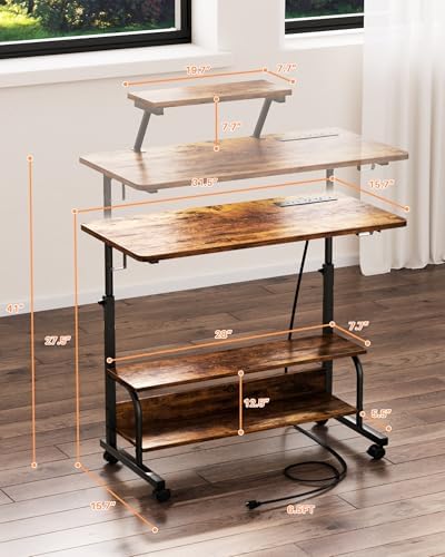 Height Adjustable Standing Desk with Power Outlets and LED Lights - 32" Manual Stand Up Desk with Monitor Stand and Storage Shelves Small Mobile Rolling Computer Desk Portable Laptop Table, Rustic
