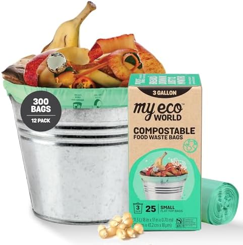 MyEcoWorld® Compostable Kitchen Waste Bags - 300 Count - 100% Certified Compostable - 3 Gallon - Super Strong - Leak Proof - Unscented - Easy to Open