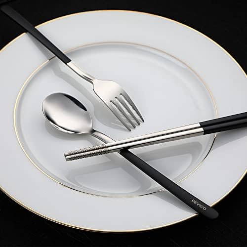 DEVICO Travel Utensils with Case, 4Pcs Portable Silverware Set for Work, 18/8 Stainless Steel Reusable Cutlery, Korean Spoon and Chopsticks Fork for Camping, School, Lunch Box Accessories (Black)
