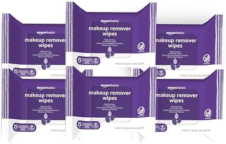 Amazon Basics Makeup Remover Wipes, Gentle Cleansing, Dermatologist Tested, Night Calming, Plant Based, Alcohol-Free, Removes Waterproof Mascara, pH Balanced, 25-Count, 6-Pack