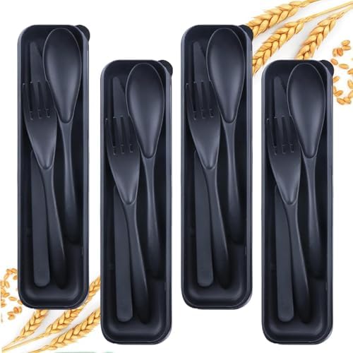 4Pack Black Wheat Straw Cutlery Set, BPA Free Fork Spoon Knife with Case