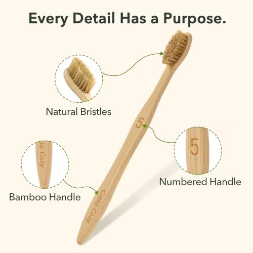 Gaia Guy Boar Bristle Bamboo Toothbrushes – 10 Pack Natural Bristle Toothbrush Set, Plastic-Free & Nylon-Free, Numbered Bamboo Handles, Medium Boar Hair Bristles for Adults & Families