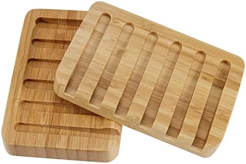 6 Pack Bamboo Soap Dishes, Self Draining Soap Tray with Slanted Waterfall Design, Bar Soap Holder for Shower, Bathroom, Kitchen, Sinks and Countertop, 5.1 x 3.5 x 0.7 Inch