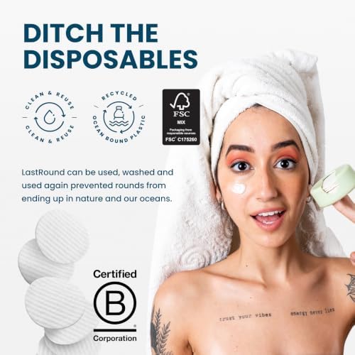 LastRound Reusable Makeup Remover Pads - 7 Washable Eco-Friendly Reusable Cotton Rounds for Face - Sustainable & Soft Cotton Face Pads for Facial Cleansing & Eye Makeup Removal - Travel Storage Case