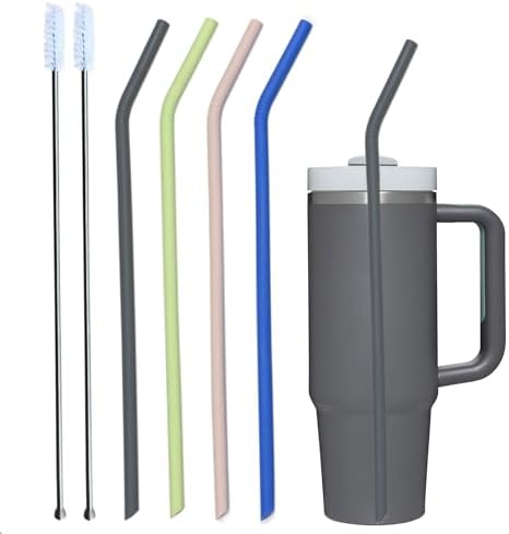 Stanley Cup Accessories 14” Extra Long Silicone Reusable Replacement Drinking Straws for 40 oz Quencher Tumbler,Wine Bottle-Blue Iris,Green Citron,Charcoal,Light Brown With Bendable Brush